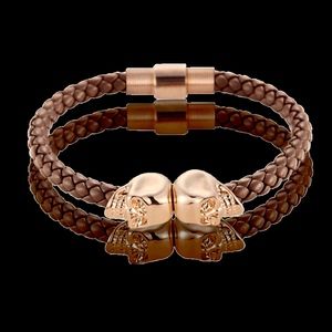 NEW Genuine BROWN Leather Skull Bracelet